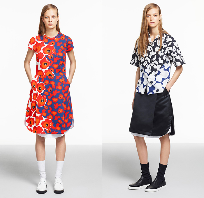 Jil Sander Navy 2015 Resort Womens Lookbook Presentation - 2015 Cruise Pre Spring Fashion Pre Collection - Geometric Cell Organism Print Motif Curved Hem Pleats Skirt Frock Shirt Button Down Belted Waist White Ensemble Stripe Sleeveless Rectangles Outerwear Coat Parka Cargo Pockets Dress Angular Asymmetrical Hem Sequins Vestdress Waistcoatdress Knit Sweater Jumper Blazer Shorts