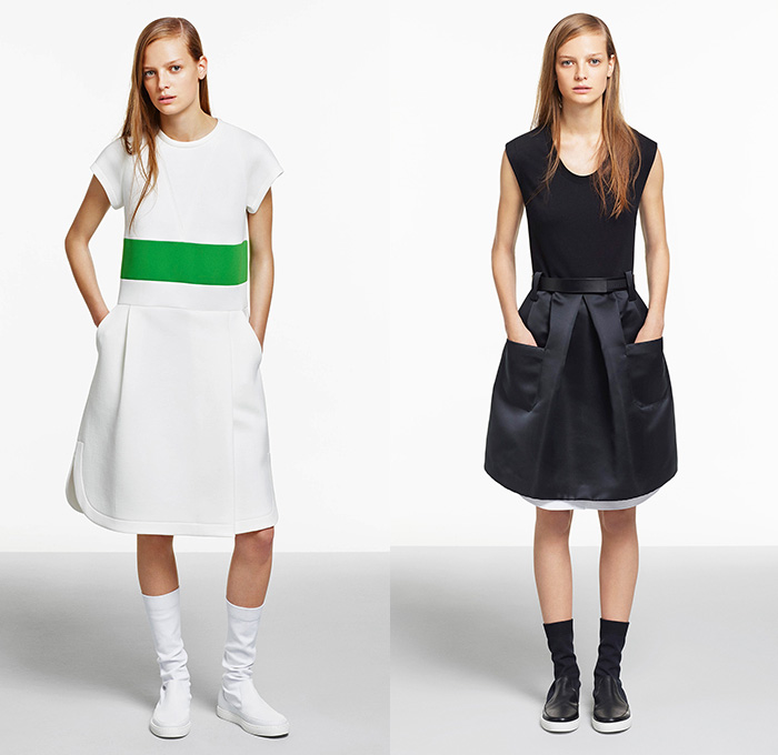 Jil Sander Navy 2015 Resort Womens Lookbook Presentation - 2015 Cruise Pre Spring Fashion Pre Collection - Geometric Cell Organism Print Motif Curved Hem Pleats Skirt Frock Shirt Button Down Belted Waist White Ensemble Stripe Sleeveless Rectangles Outerwear Coat Parka Cargo Pockets Dress Angular Asymmetrical Hem Sequins Vestdress Waistcoatdress Knit Sweater Jumper Blazer Shorts