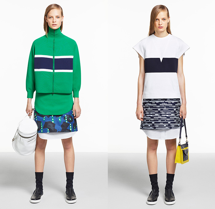 Jil Sander Navy 2015 Resort Womens Lookbook Presentation - 2015 Cruise Pre Spring Fashion Pre Collection - Geometric Cell Organism Print Motif Curved Hem Pleats Skirt Frock Shirt Button Down Belted Waist White Ensemble Stripe Sleeveless Rectangles Outerwear Coat Parka Cargo Pockets Dress Angular Asymmetrical Hem Sequins Vestdress Waistcoatdress Knit Sweater Jumper Blazer Shorts