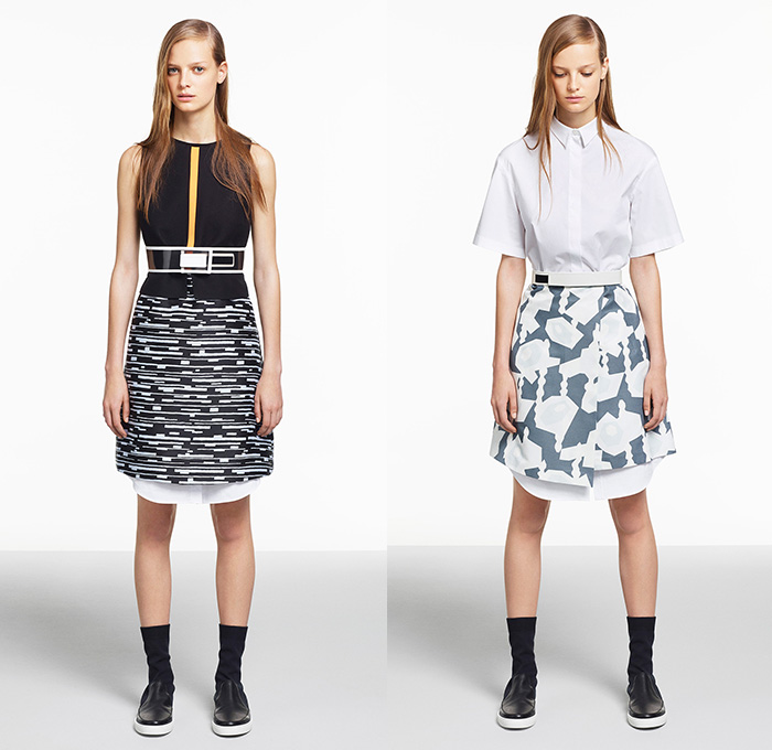 Jil Sander Navy 2015 Resort Womens Lookbook Presentation - 2015 Cruise Pre Spring Fashion Pre Collection - Geometric Cell Organism Print Motif Curved Hem Pleats Skirt Frock Shirt Button Down Belted Waist White Ensemble Stripe Sleeveless Rectangles Outerwear Coat Parka Cargo Pockets Dress Angular Asymmetrical Hem Sequins Vestdress Waistcoatdress Knit Sweater Jumper Blazer Shorts