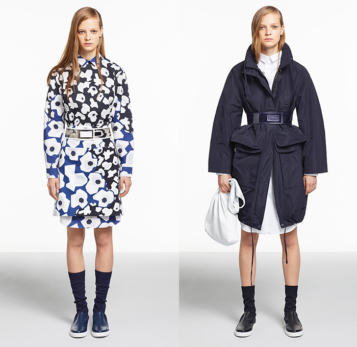 Jil Sander Navy 2015 Resort Womens Lookbook Presentation - 2015 Cruise Pre Spring Fashion Pre Collection - Geometric Cell Organism Print Motif Curved Hem Pleats Skirt Frock Shirt Button Down Belted Waist White Ensemble Stripe Sleeveless Rectangles Outerwear Coat Parka Cargo Pockets Dress Angular Asymmetrical Hem Sequins Vestdress Waistcoatdress Knit Sweater Jumper Blazer Shorts