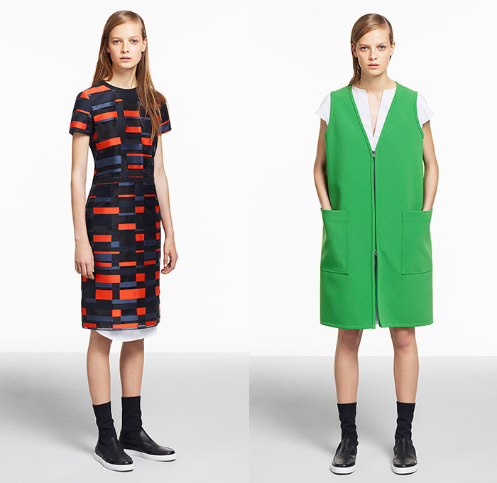 Jil Sander Navy 2015 Resort Womens Lookbook Presentation - 2015 Cruise Pre Spring Fashion Pre Collection - Geometric Cell Organism Print Motif Curved Hem Pleats Skirt Frock Shirt Button Down Belted Waist White Ensemble Stripe Sleeveless Rectangles Outerwear Coat Parka Cargo Pockets Dress Angular Asymmetrical Hem Sequins Vestdress Waistcoatdress Knit Sweater Jumper Blazer Shorts