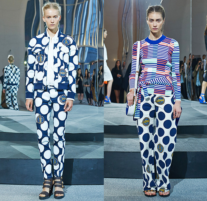 KENZO 2015 Resort Womens Lookbook Presentation - 2015 Cruise Pre Spring Fashion Pre Collection - Polka Dots Marine Sailor Stripes Parachute Puffer Drawstring Cinch Printed Jeans Bomber Trucker Jacket Wide Leg Trousers Palazzo Pants Poodle Circle Skirt Pleats Crop Top Midriff Cropped Leaves Foliage Jumper Sweater Pinafore Dress Romper Combishorts Geometric Lines Pantsuit Culottes Onesie Jumpsuit Outerwear Trench Coat Peplum Skirt Frock Shirtdress White