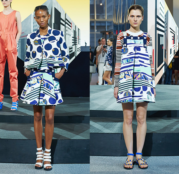 KENZO 2015 Resort Womens Lookbook Presentation - 2015 Cruise Pre Spring Fashion Pre Collection - Polka Dots Marine Sailor Stripes Parachute Puffer Drawstring Cinch Printed Jeans Bomber Trucker Jacket Wide Leg Trousers Palazzo Pants Poodle Circle Skirt Pleats Crop Top Midriff Cropped Leaves Foliage Jumper Sweater Pinafore Dress Romper Combishorts Geometric Lines Pantsuit Culottes Onesie Jumpsuit Outerwear Trench Coat Peplum Skirt Frock Shirtdress White