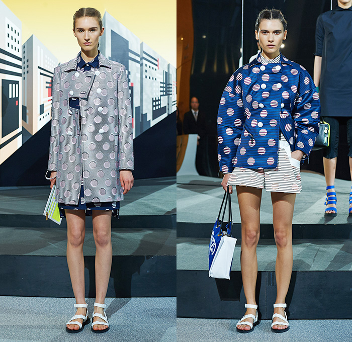 KENZO 2015 Resort Womens Lookbook Presentation - 2015 Cruise Pre Spring Fashion Pre Collection - Polka Dots Marine Sailor Stripes Parachute Puffer Drawstring Cinch Printed Jeans Bomber Trucker Jacket Wide Leg Trousers Palazzo Pants Poodle Circle Skirt Pleats Crop Top Midriff Cropped Leaves Foliage Jumper Sweater Pinafore Dress Romper Combishorts Geometric Lines Pantsuit Culottes Onesie Jumpsuit Outerwear Trench Coat Peplum Skirt Frock Shirtdress White