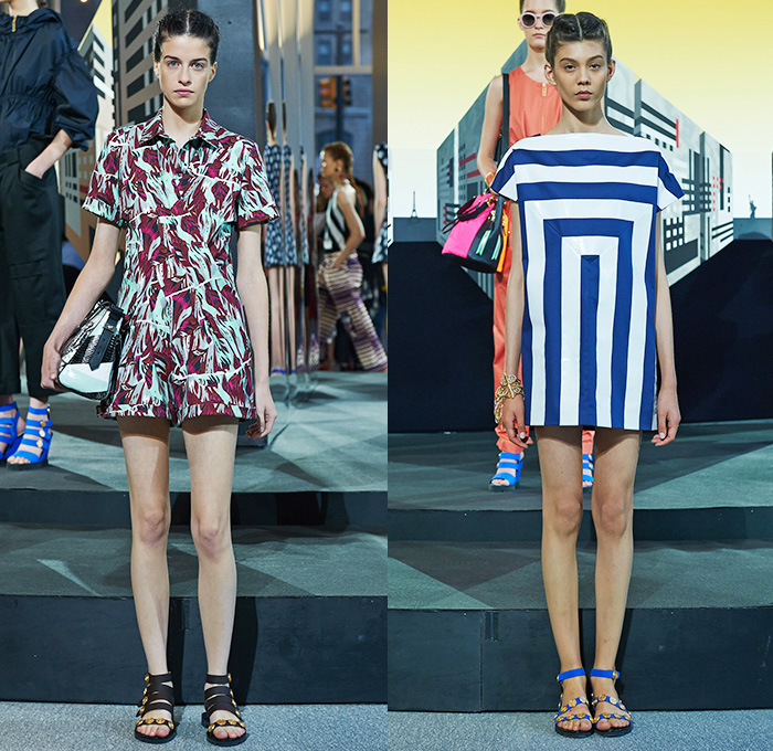 KENZO 2015 Resort Womens Lookbook Presentation - 2015 Cruise Pre Spring Fashion Pre Collection - Polka Dots Marine Sailor Stripes Parachute Puffer Drawstring Cinch Printed Jeans Bomber Trucker Jacket Wide Leg Trousers Palazzo Pants Poodle Circle Skirt Pleats Crop Top Midriff Cropped Leaves Foliage Jumper Sweater Pinafore Dress Romper Combishorts Geometric Lines Pantsuit Culottes Onesie Jumpsuit Outerwear Trench Coat Peplum Skirt Frock Shirtdress White