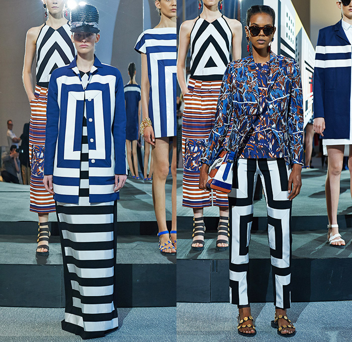 KENZO 2015 Resort Womens Lookbook Presentation - 2015 Cruise Pre Spring Fashion Pre Collection - Polka Dots Marine Sailor Stripes Parachute Puffer Drawstring Cinch Printed Jeans Bomber Trucker Jacket Wide Leg Trousers Palazzo Pants Poodle Circle Skirt Pleats Crop Top Midriff Cropped Leaves Foliage Jumper Sweater Pinafore Dress Romper Combishorts Geometric Lines Pantsuit Culottes Onesie Jumpsuit Outerwear Trench Coat Peplum Skirt Frock Shirtdress White