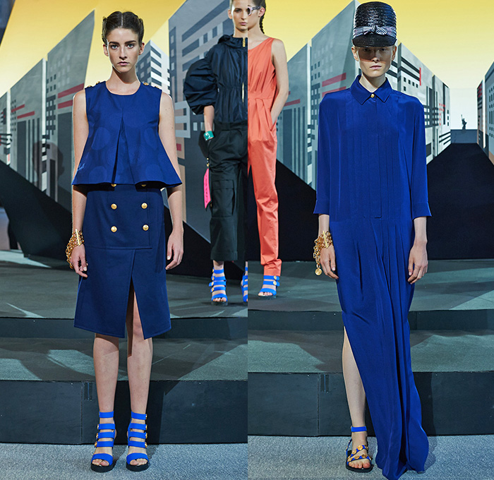 KENZO 2015 Resort Womens Lookbook Presentation - 2015 Cruise Pre Spring Fashion Pre Collection - Polka Dots Marine Sailor Stripes Parachute Puffer Drawstring Cinch Printed Jeans Bomber Trucker Jacket Wide Leg Trousers Palazzo Pants Poodle Circle Skirt Pleats Crop Top Midriff Cropped Leaves Foliage Jumper Sweater Pinafore Dress Romper Combishorts Geometric Lines Pantsuit Culottes Onesie Jumpsuit Outerwear Trench Coat Peplum Skirt Frock Shirtdress White