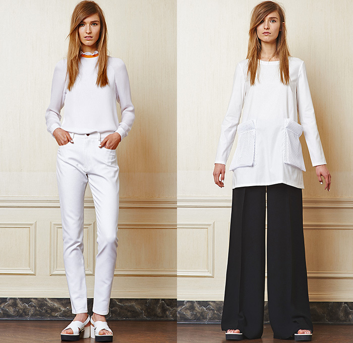 Lisa Perry 2015 Resort Womens Lookbook Presentation - 2015 Cruise Pre Spring Fashion Pre Collection - White Jeans Flare Wide Leg Pants Anorak Outerwear Windowpane Checks Trapeze Dress Ruffles Ruffled Neck Blouse Cargo Pockets Utility Pockets Palazzo Pants Tie Up Shirt Ribbed Mesh 3D Cutout Peek-A-Boo Curved Hem Triangle Nuclear Hoodie Shorts Tunic V-Neck Tankdress Sleeveless Multi-Panel Bud Flowers Florals Flora Botanical Cinch Waist Drawstring Pleats