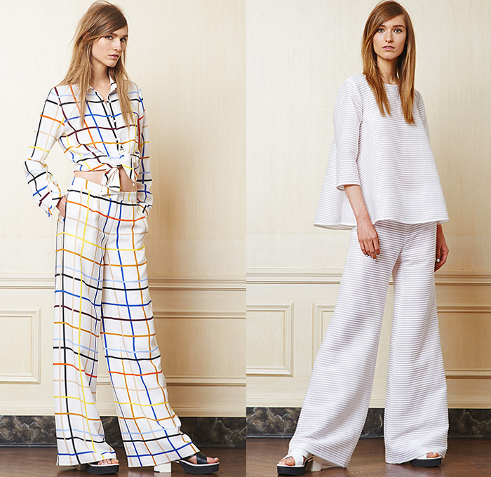 Lisa Perry 2015 Resort Womens Lookbook Presentation - 2015 Cruise Pre Spring Fashion Pre Collection - White Jeans Flare Wide Leg Pants Anorak Outerwear Windowpane Checks Trapeze Dress Ruffles Ruffled Neck Blouse Cargo Pockets Utility Pockets Palazzo Pants Tie Up Shirt Ribbed Mesh 3D Cutout Peek-A-Boo Curved Hem Triangle Nuclear Hoodie Shorts Tunic V-Neck Tankdress Sleeveless Multi-Panel Bud Flowers Florals Flora Botanical Cinch Waist Drawstring Pleats
