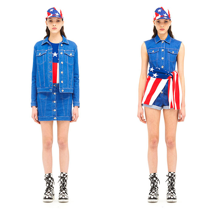 Love Moschino 2015 Resort Womens Lookbook Presentation - 2015 Cruise Pre Collection Spring Fashion Style - Denim Jeans Pop Art Yankee Union Jack Flag Racing Checks Racecar Driver Print Motif Graphic Bombershorts Combishorts Onesie Romper Shirtdress Lace Up Jacketdress Coatdress Tankdress Sweater Jumper Bomber Jacket Crop Top Midriff Skirt Frock Elastic Hem Knee Panels Outerwear Parka Coat Hearts Metallic Silver Bomberdress Flames Jogging Sweatpants