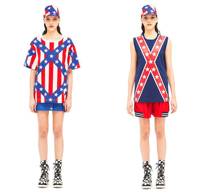 Love Moschino 2015 Resort Womens Lookbook Presentation - 2015 Cruise Pre Collection Spring Fashion Style - Denim Jeans Pop Art Yankee Union Jack Flag Racing Checks Racecar Driver Print Motif Graphic Bombershorts Combishorts Onesie Romper Shirtdress Lace Up Jacketdress Coatdress Tankdress Sweater Jumper Bomber Jacket Crop Top Midriff Skirt Frock Elastic Hem Knee Panels Outerwear Parka Coat Hearts Metallic Silver Bomberdress Flames Jogging Sweatpants