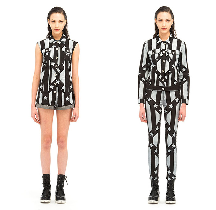 Love Moschino 2015 Resort Womens Lookbook Presentation - 2015 Cruise Pre Collection Spring Fashion Style - Denim Jeans Pop Art Yankee Union Jack Flag Racing Checks Racecar Driver Print Motif Graphic Bombershorts Combishorts Onesie Romper Shirtdress Lace Up Jacketdress Coatdress Tankdress Sweater Jumper Bomber Jacket Crop Top Midriff Skirt Frock Elastic Hem Knee Panels Outerwear Parka Coat Hearts Metallic Silver Bomberdress Flames Jogging Sweatpants