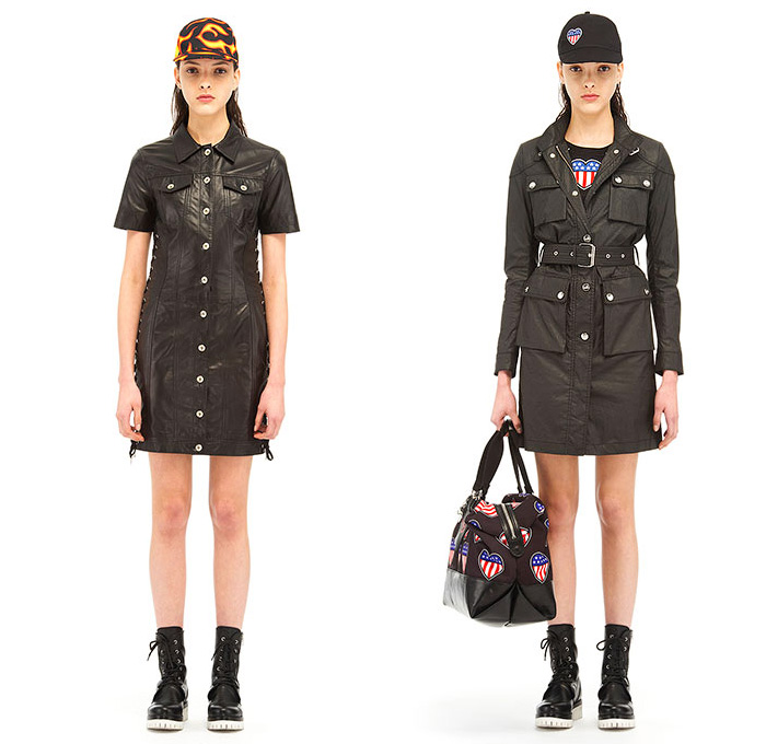 Love Moschino 2015 Resort Womens Lookbook Presentation - 2015 Cruise Pre Collection Spring Fashion Style - Denim Jeans Pop Art Yankee Union Jack Flag Racing Checks Racecar Driver Print Motif Graphic Bombershorts Combishorts Onesie Romper Shirtdress Lace Up Jacketdress Coatdress Tankdress Sweater Jumper Bomber Jacket Crop Top Midriff Skirt Frock Elastic Hem Knee Panels Outerwear Parka Coat Hearts Metallic Silver Bomberdress Flames Jogging Sweatpants