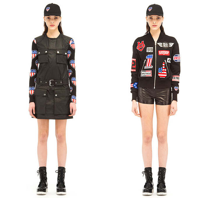 Love Moschino 2015 Resort Womens Lookbook Presentation - 2015 Cruise Pre Collection Spring Fashion Style - Denim Jeans Pop Art Yankee Union Jack Flag Racing Checks Racecar Driver Print Motif Graphic Bombershorts Combishorts Onesie Romper Shirtdress Lace Up Jacketdress Coatdress Tankdress Sweater Jumper Bomber Jacket Crop Top Midriff Skirt Frock Elastic Hem Knee Panels Outerwear Parka Coat Hearts Metallic Silver Bomberdress Flames Jogging Sweatpants