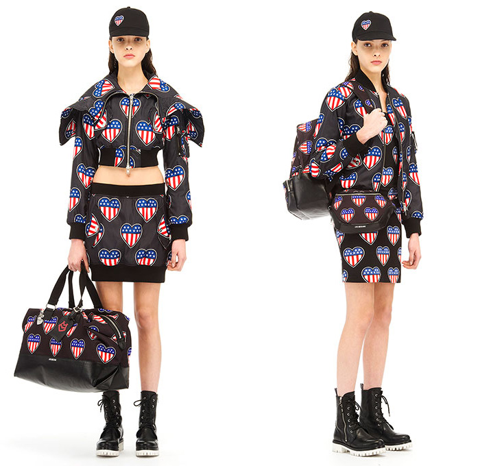 Love Moschino 2015 Resort Womens Lookbook Presentation - 2015 Cruise Pre Collection Spring Fashion Style - Denim Jeans Pop Art Yankee Union Jack Flag Racing Checks Racecar Driver Print Motif Graphic Bombershorts Combishorts Onesie Romper Shirtdress Lace Up Jacketdress Coatdress Tankdress Sweater Jumper Bomber Jacket Crop Top Midriff Skirt Frock Elastic Hem Knee Panels Outerwear Parka Coat Hearts Metallic Silver Bomberdress Flames Jogging Sweatpants