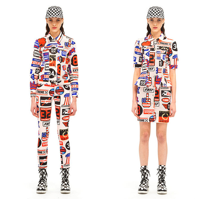 Love Moschino 2015 Resort Womens Lookbook Presentation - 2015 Cruise Pre Collection Spring Fashion Style - Denim Jeans Pop Art Yankee Union Jack Flag Racing Checks Racecar Driver Print Motif Graphic Bombershorts Combishorts Onesie Romper Shirtdress Lace Up Jacketdress Coatdress Tankdress Sweater Jumper Bomber Jacket Crop Top Midriff Skirt Frock Elastic Hem Knee Panels Outerwear Parka Coat Hearts Metallic Silver Bomberdress Flames Jogging Sweatpants