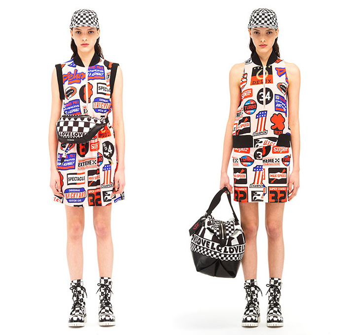 Love Moschino 2015 Resort Womens Lookbook Presentation - 2015 Cruise Pre Collection Spring Fashion Style - Denim Jeans Pop Art Yankee Union Jack Flag Racing Checks Racecar Driver Print Motif Graphic Bombershorts Combishorts Onesie Romper Shirtdress Lace Up Jacketdress Coatdress Tankdress Sweater Jumper Bomber Jacket Crop Top Midriff Skirt Frock Elastic Hem Knee Panels Outerwear Parka Coat Hearts Metallic Silver Bomberdress Flames Jogging Sweatpants