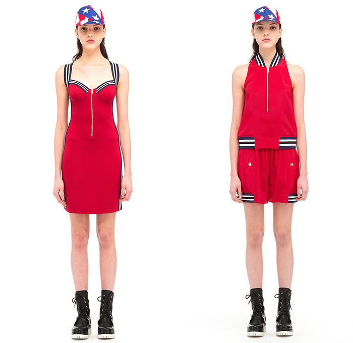 Love Moschino 2015 Resort Womens Lookbook Presentation - 2015 Cruise Pre Collection Spring Fashion Style - Denim Jeans Pop Art Yankee Union Jack Flag Racing Checks Racecar Driver Print Motif Graphic Bombershorts Combishorts Onesie Romper Shirtdress Lace Up Jacketdress Coatdress Tankdress Sweater Jumper Bomber Jacket Crop Top Midriff Skirt Frock Elastic Hem Knee Panels Outerwear Parka Coat Hearts Metallic Silver Bomberdress Flames Jogging Sweatpants