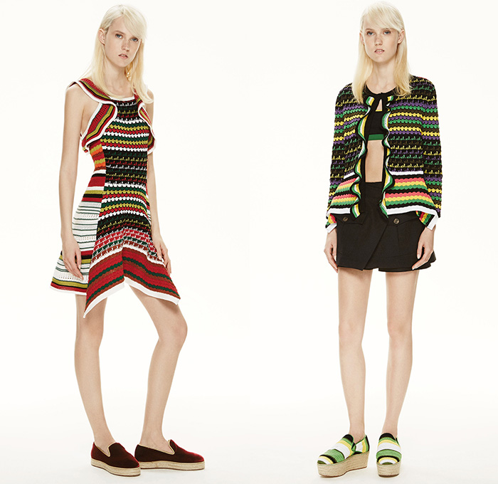 M Missoni 2015 Resort Womens Lookbook Presentation - 2015 Cruise Pre Spring Fashion Pre Collection Italy - Woven Denim Jeans Shorts Frayed Outerwear Jacket Patchwork Multi-Panel Wedge Dress Skirt Frock Ribbon Culottes Gauchos Wide Leg Trousers Palazzo Pants Knit Weave Checks Sheer Chiffon Shirtdress Blousedress Pinafore Stripes Sporty Tankdress Sleeveless Ruffles Handkerchief Hem Skort Sash Belt Halter Top Onesie Jumpsuit Trenchdress Coatdress