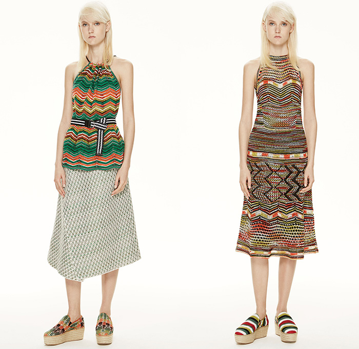 M Missoni 2015 Resort Womens Lookbook Presentation - 2015 Cruise Pre Spring Fashion Pre Collection Italy - Woven Denim Jeans Shorts Frayed Outerwear Jacket Patchwork Multi-Panel Wedge Dress Skirt Frock Ribbon Culottes Gauchos Wide Leg Trousers Palazzo Pants Knit Weave Checks Sheer Chiffon Shirtdress Blousedress Pinafore Stripes Sporty Tankdress Sleeveless Ruffles Handkerchief Hem Skort Sash Belt Halter Top Onesie Jumpsuit Trenchdress Coatdress