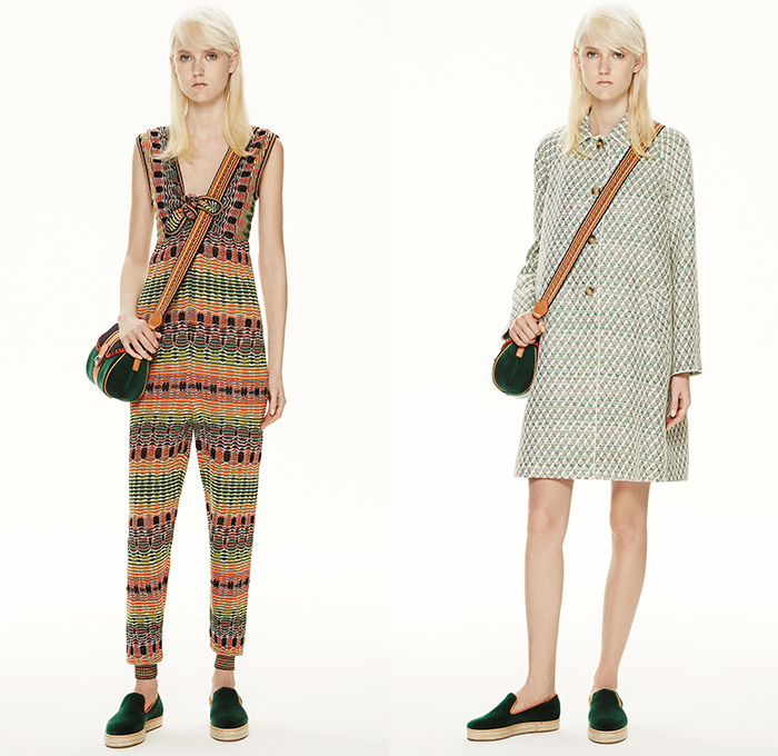 M Missoni 2015 Resort Womens Lookbook Presentation - 2015 Cruise Pre Spring Fashion Pre Collection Italy - Woven Denim Jeans Shorts Frayed Outerwear Jacket Patchwork Multi-Panel Wedge Dress Skirt Frock Ribbon Culottes Gauchos Wide Leg Trousers Palazzo Pants Knit Weave Checks Sheer Chiffon Shirtdress Blousedress Pinafore Stripes Sporty Tankdress Sleeveless Ruffles Handkerchief Hem Skort Sash Belt Halter Top Onesie Jumpsuit Trenchdress Coatdress