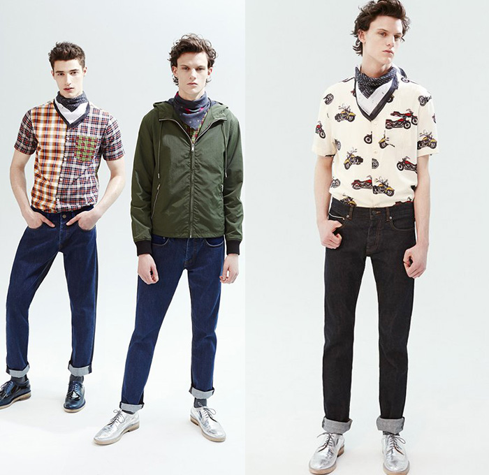Marc by Marc Jacobs 2015 Resort Mens Lookbook - 2015 Cruise Pre Spring Fashion Pre Collection - Denim Jeans Patchwork Color Block Trucker Jacket Windowpane Checks Scarf Sweater Jumper Plaid Jacket Motorcycles Bikes Stripes Nautical Outerwear Coat Animal Spots Jungle Safari Leopard Cheetah Beetles Bugs Insects Bomber Jacket Varsity Chinos Khakis Pants Trousers Suit Blazer Briefcase