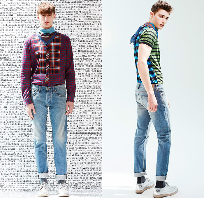 Marc by Marc Jacobs 2015 Resort Mens Lookbook - 2015 Cruise Pre Spring Fashion Pre Collection - Denim Jeans Patchwork Color Block Trucker Jacket Windowpane Checks Scarf Sweater Jumper Plaid Jacket Motorcycles Bikes Stripes Nautical Outerwear Coat Animal Spots Jungle Safari Leopard Cheetah Beetles Bugs Insects Bomber Jacket Varsity Chinos Khakis Pants Trousers Suit Blazer Briefcase