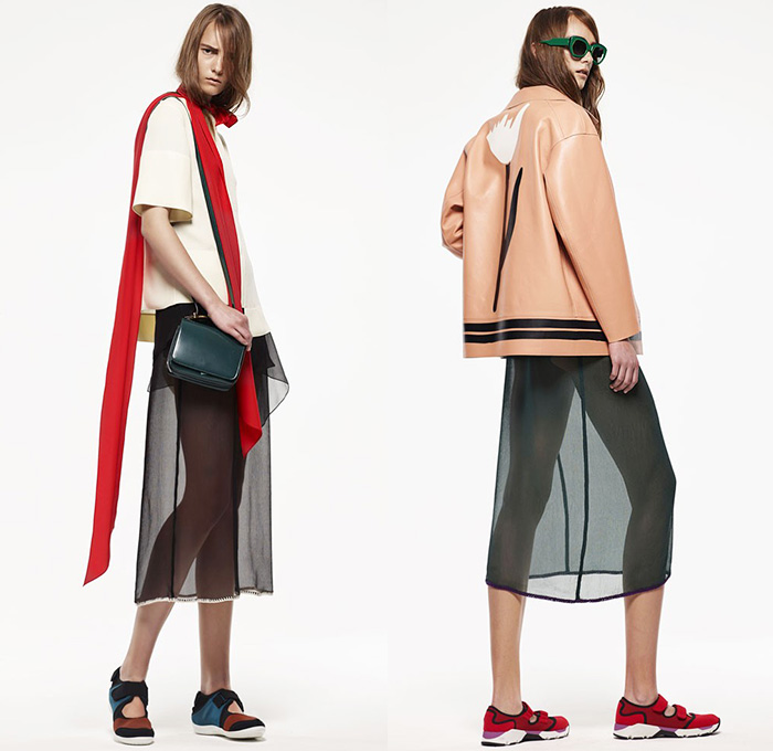Marni Italy 2015 Resort Womens Lookbook Presentation - 2015 Cruise Pre Spring Fashion Pre Collection - Sheer Chiffon Midi Skirt Frock Dress Sandals Flowers Florals Leaves Foliage Fauna Outerwear Jacket Stripes Fringes Scarf Checks Crop Top Midriff Colorblock Peplum Ruffles 3D Embellishments Wide Leg Trousers Palazzo Pants Belted Waist Flare Shorts