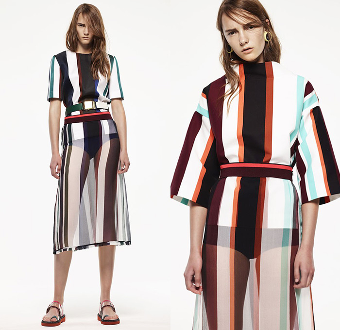 Marni Italy 2015 Resort Womens Lookbook Presentation - 2015 Cruise Pre Spring Fashion Pre Collection - Sheer Chiffon Midi Skirt Frock Dress Sandals Flowers Florals Leaves Foliage Fauna Outerwear Jacket Stripes Fringes Scarf Checks Crop Top Midriff Colorblock Peplum Ruffles 3D Embellishments Wide Leg Trousers Palazzo Pants Belted Waist Flare Shorts