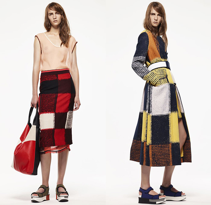 Marni Italy 2015 Resort Womens Lookbook Presentation - 2015 Cruise Pre Spring Fashion Pre Collection - Sheer Chiffon Midi Skirt Frock Dress Sandals Flowers Florals Leaves Foliage Fauna Outerwear Jacket Stripes Fringes Scarf Checks Crop Top Midriff Colorblock Peplum Ruffles 3D Embellishments Wide Leg Trousers Palazzo Pants Belted Waist Flare Shorts