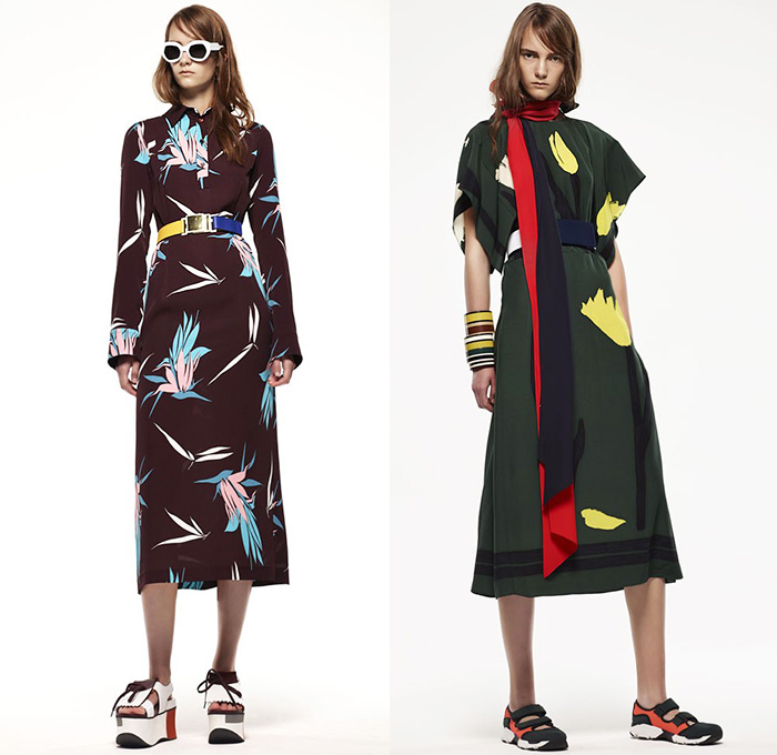 Marni Italy 2015 Resort Womens Lookbook Presentation - 2015 Cruise Pre Spring Fashion Pre Collection - Sheer Chiffon Midi Skirt Frock Dress Sandals Flowers Florals Leaves Foliage Fauna Outerwear Jacket Stripes Fringes Scarf Checks Crop Top Midriff Colorblock Peplum Ruffles 3D Embellishments Wide Leg Trousers Palazzo Pants Belted Waist Flare Shorts
