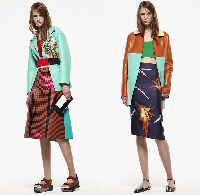 Marni Italy 2015 Resort Womens Lookbook Presentation - 2015 Cruise Pre Spring Fashion Pre Collection - Sheer Chiffon Midi Skirt Frock Dress Sandals Flowers Florals Leaves Foliage Fauna Outerwear Jacket Stripes Fringes Scarf Checks Crop Top Midriff Colorblock Peplum Ruffles 3D Embellishments Wide Leg Trousers Palazzo Pants Belted Waist Flare Shorts