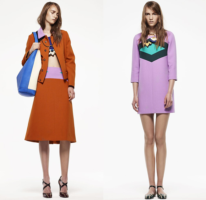 Marni Italy 2015 Resort Womens Lookbook Presentation - 2015 Cruise Pre Spring Fashion Pre Collection - Sheer Chiffon Midi Skirt Frock Dress Sandals Flowers Florals Leaves Foliage Fauna Outerwear Jacket Stripes Fringes Scarf Checks Crop Top Midriff Colorblock Peplum Ruffles 3D Embellishments Wide Leg Trousers Palazzo Pants Belted Waist Flare Shorts