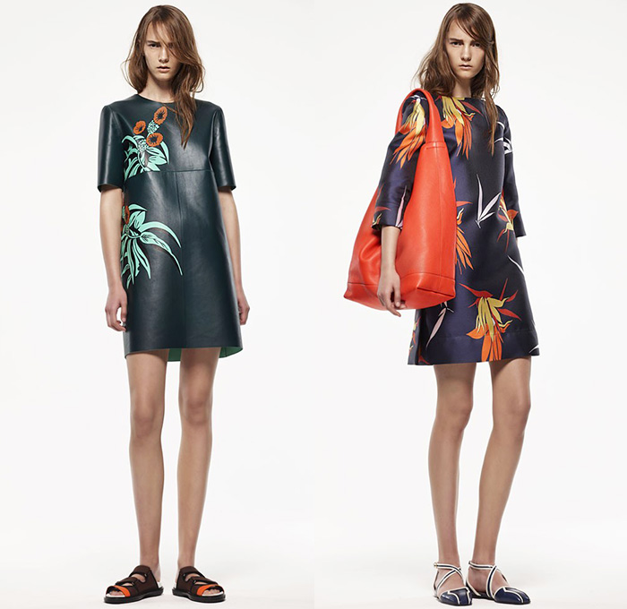 Marni Italy 2015 Resort Womens Lookbook Presentation - 2015 Cruise Pre Spring Fashion Pre Collection - Sheer Chiffon Midi Skirt Frock Dress Sandals Flowers Florals Leaves Foliage Fauna Outerwear Jacket Stripes Fringes Scarf Checks Crop Top Midriff Colorblock Peplum Ruffles 3D Embellishments Wide Leg Trousers Palazzo Pants Belted Waist Flare Shorts