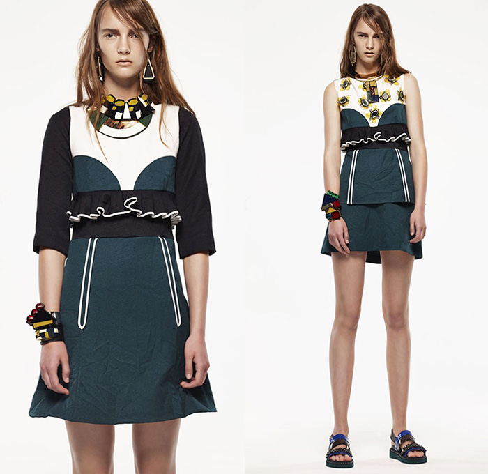 Marni Italy 2015 Resort Womens Lookbook Presentation - 2015 Cruise Pre Spring Fashion Pre Collection - Sheer Chiffon Midi Skirt Frock Dress Sandals Flowers Florals Leaves Foliage Fauna Outerwear Jacket Stripes Fringes Scarf Checks Crop Top Midriff Colorblock Peplum Ruffles 3D Embellishments Wide Leg Trousers Palazzo Pants Belted Waist Flare Shorts