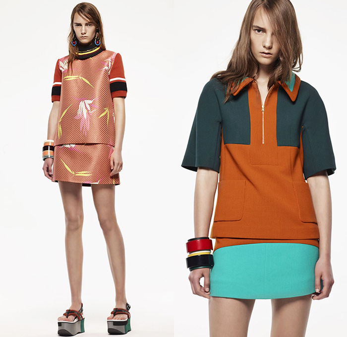 Marni Italy 2015 Resort Womens Lookbook Presentation - 2015 Cruise Pre Spring Fashion Pre Collection - Sheer Chiffon Midi Skirt Frock Dress Sandals Flowers Florals Leaves Foliage Fauna Outerwear Jacket Stripes Fringes Scarf Checks Crop Top Midriff Colorblock Peplum Ruffles 3D Embellishments Wide Leg Trousers Palazzo Pants Belted Waist Flare Shorts