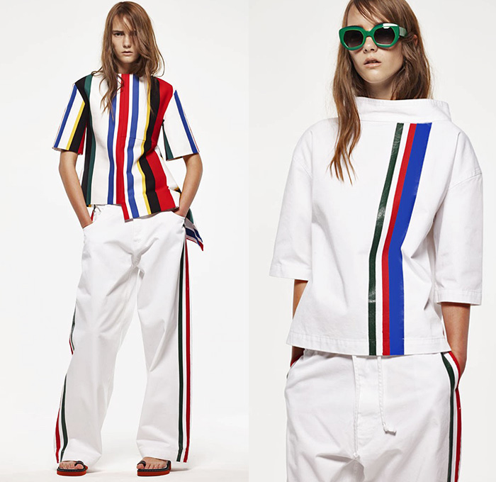 Marni Italy 2015 Resort Womens Lookbook Presentation - 2015 Cruise Pre Spring Fashion Pre Collection - Sheer Chiffon Midi Skirt Frock Dress Sandals Flowers Florals Leaves Foliage Fauna Outerwear Jacket Stripes Fringes Scarf Checks Crop Top Midriff Colorblock Peplum Ruffles 3D Embellishments Wide Leg Trousers Palazzo Pants Belted Waist Flare Shorts