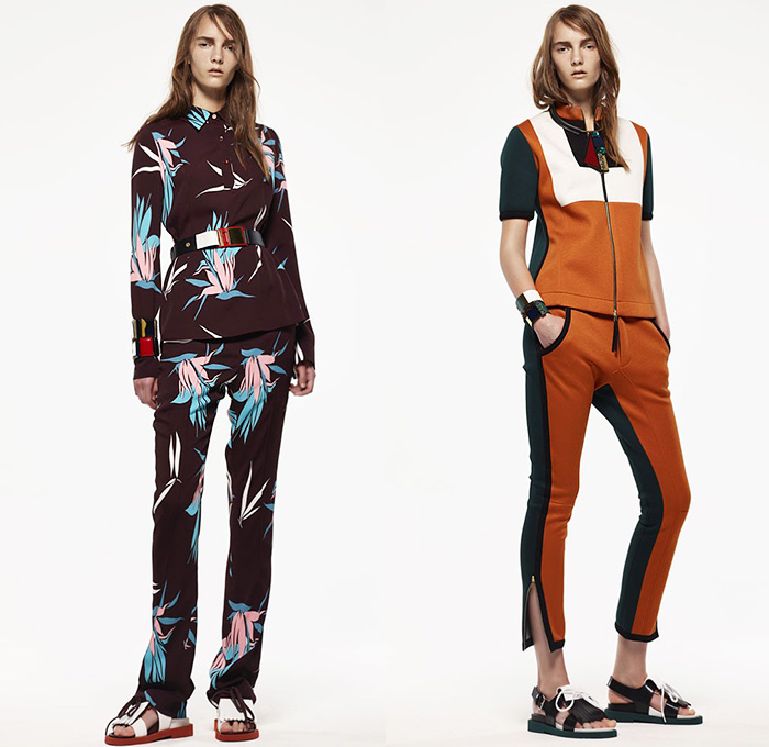 Marni Italy 2015 Resort Womens Lookbook Presentation - 2015 Cruise Pre Spring Fashion Pre Collection - Sheer Chiffon Midi Skirt Frock Dress Sandals Flowers Florals Leaves Foliage Fauna Outerwear Jacket Stripes Fringes Scarf Checks Crop Top Midriff Colorblock Peplum Ruffles 3D Embellishments Wide Leg Trousers Palazzo Pants Belted Waist Flare Shorts