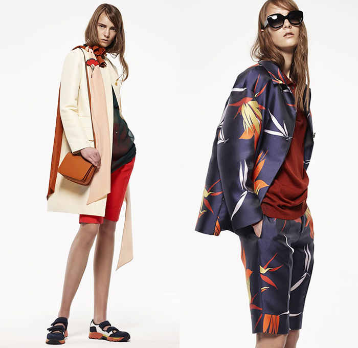 Marni Italy 2015 Resort Womens Lookbook Presentation - 2015 Cruise Pre Spring Fashion Pre Collection - Sheer Chiffon Midi Skirt Frock Dress Sandals Flowers Florals Leaves Foliage Fauna Outerwear Jacket Stripes Fringes Scarf Checks Crop Top Midriff Colorblock Peplum Ruffles 3D Embellishments Wide Leg Trousers Palazzo Pants Belted Waist Flare Shorts