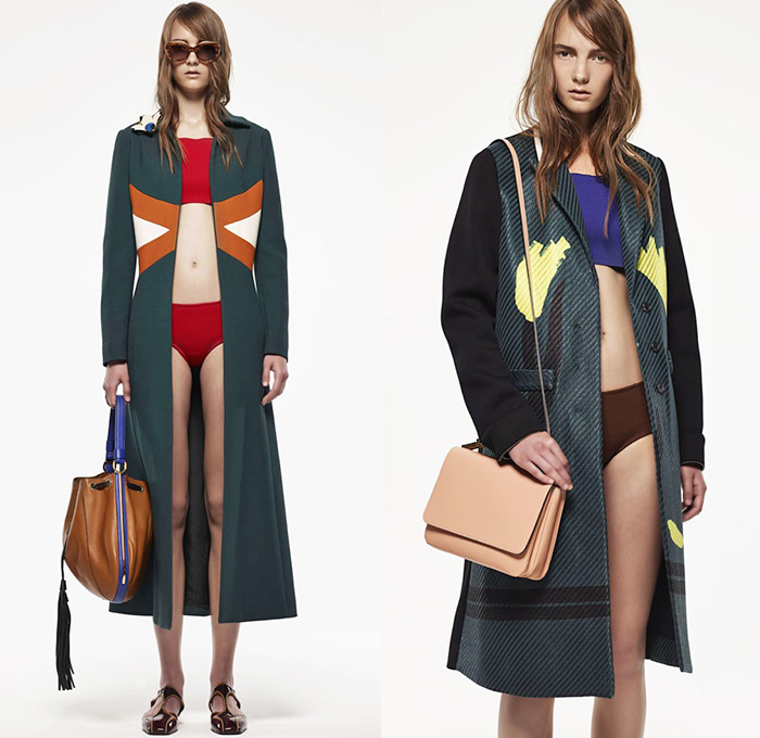 Marni Italy 2015 Resort Womens Lookbook Presentation - 2015 Cruise Pre Spring Fashion Pre Collection - Sheer Chiffon Midi Skirt Frock Dress Sandals Flowers Florals Leaves Foliage Fauna Outerwear Jacket Stripes Fringes Scarf Checks Crop Top Midriff Colorblock Peplum Ruffles 3D Embellishments Wide Leg Trousers Palazzo Pants Belted Waist Flare Shorts