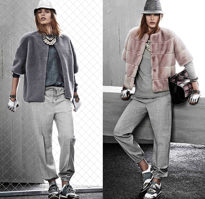 Max Mara 2015 Resort Womens Lookbook Presentation - 2015 Cruise Pre Spring Fashion Pre Collection Italy - Jogging Sweatpants Sportswear Athletic Drawstring Bucket Hat Sneakers Trainers Gloves Chains Furry Sweattrousers Sweater Jumper Outerwear Coat Wide Leg Palazzo Pants Trousers Scarf Fold Out Lapel Vest Waistcoat Slouchy Fur Ball Rabbits Foot Pantsuit Blazer Tights Skirt Over Leggings Asymmetrical Hem Tie Up Lace Up Belt Trenchdress Coatdress