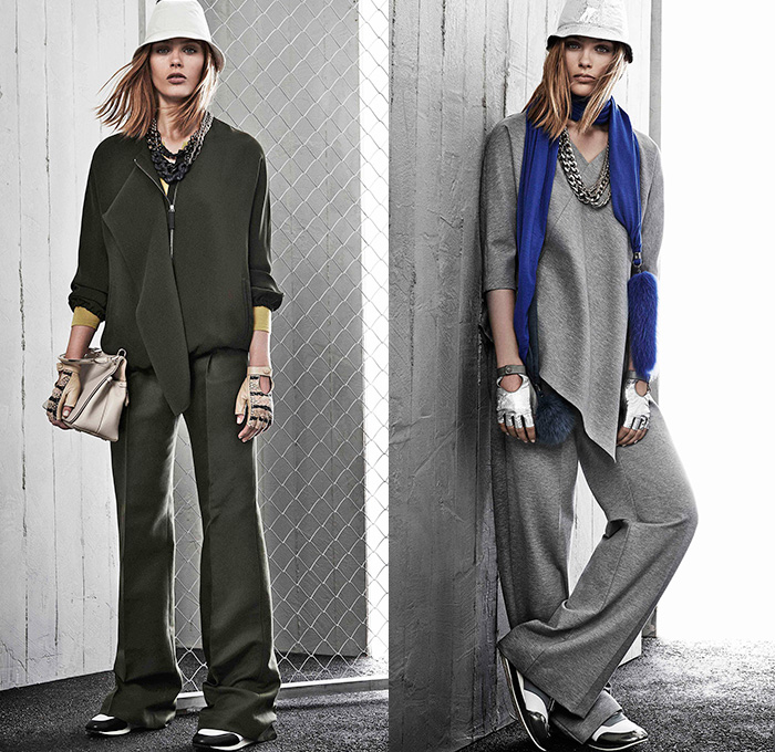 Max Mara 2015 Resort Womens Lookbook Presentation - 2015 Cruise Pre Spring Fashion Pre Collection Italy - Jogging Sweatpants Sportswear Athletic Drawstring Bucket Hat Sneakers Trainers Gloves Chains Furry Sweattrousers Sweater Jumper Outerwear Coat Wide Leg Palazzo Pants Trousers Scarf Fold Out Lapel Vest Waistcoat Slouchy Fur Ball Rabbits Foot Pantsuit Blazer Tights Skirt Over Leggings Asymmetrical Hem Tie Up Lace Up Belt Trenchdress Coatdress
