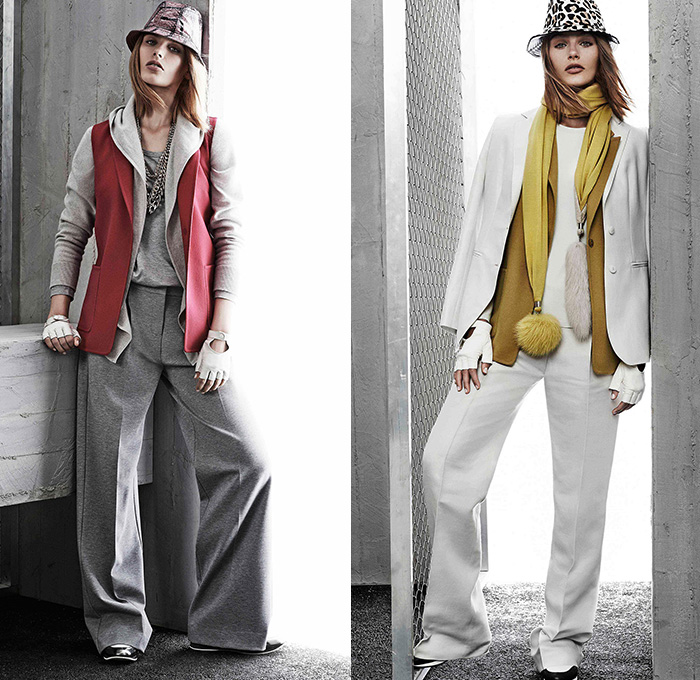 Max Mara 2015 Resort Womens Lookbook Presentation - 2015 Cruise Pre Spring Fashion Pre Collection Italy - Jogging Sweatpants Sportswear Athletic Drawstring Bucket Hat Sneakers Trainers Gloves Chains Furry Sweattrousers Sweater Jumper Outerwear Coat Wide Leg Palazzo Pants Trousers Scarf Fold Out Lapel Vest Waistcoat Slouchy Fur Ball Rabbits Foot Pantsuit Blazer Tights Skirt Over Leggings Asymmetrical Hem Tie Up Lace Up Belt Trenchdress Coatdress