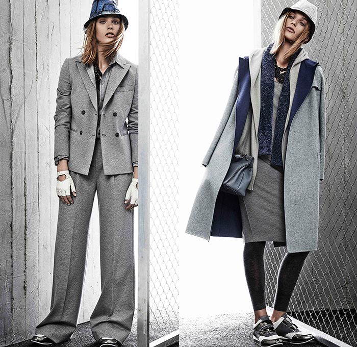 Max Mara 2015 Resort Womens Lookbook Presentation - 2015 Cruise Pre Spring Fashion Pre Collection Italy - Jogging Sweatpants Sportswear Athletic Drawstring Bucket Hat Sneakers Trainers Gloves Chains Furry Sweattrousers Sweater Jumper Outerwear Coat Wide Leg Palazzo Pants Trousers Scarf Fold Out Lapel Vest Waistcoat Slouchy Fur Ball Rabbits Foot Pantsuit Blazer Tights Skirt Over Leggings Asymmetrical Hem Tie Up Lace Up Belt Trenchdress Coatdress