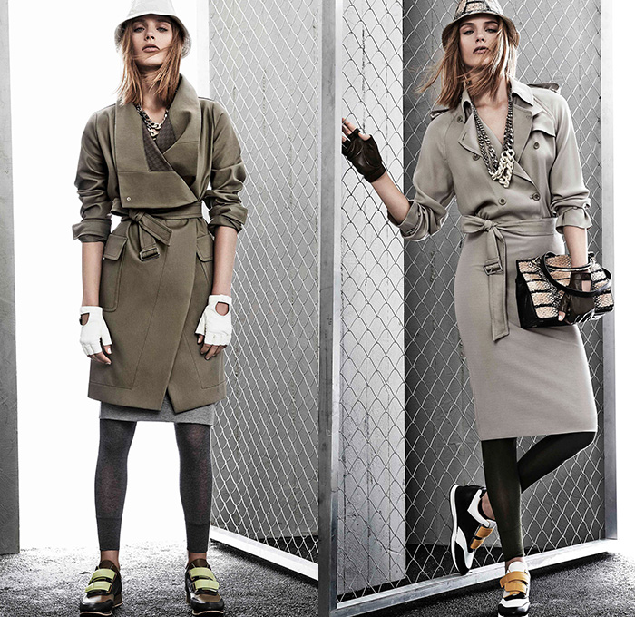 Max Mara 2015 Resort Womens Lookbook Presentation - 2015 Cruise Pre Spring Fashion Pre Collection Italy - Jogging Sweatpants Sportswear Athletic Drawstring Bucket Hat Sneakers Trainers Gloves Chains Furry Sweattrousers Sweater Jumper Outerwear Coat Wide Leg Palazzo Pants Trousers Scarf Fold Out Lapel Vest Waistcoat Slouchy Fur Ball Rabbits Foot Pantsuit Blazer Tights Skirt Over Leggings Asymmetrical Hem Tie Up Lace Up Belt Trenchdress Coatdress