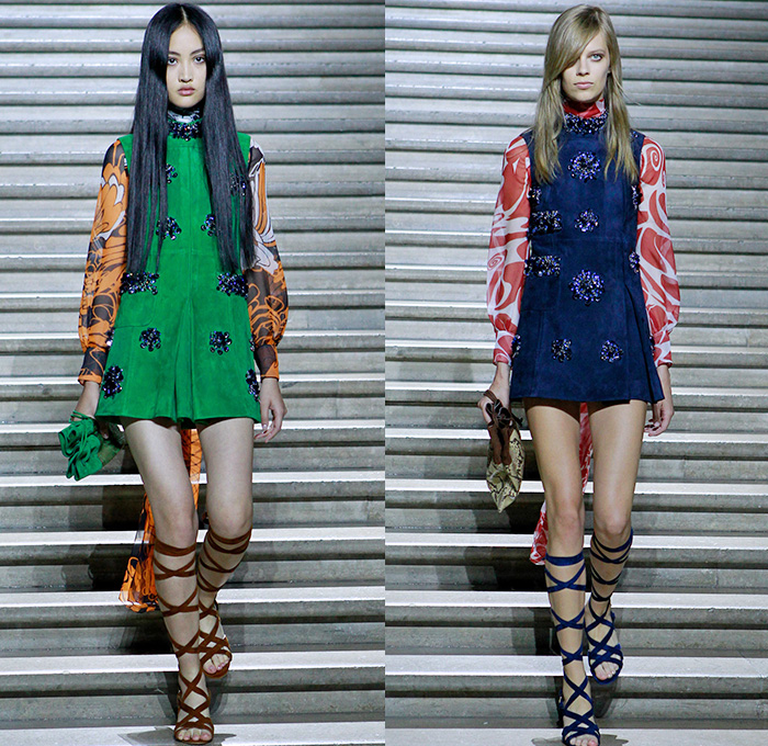 Miu Miu 2015 Resort Womens Lookbook Presentation - 2015 Cruise Pre Spring Fashion Pre Collection - Retro Groovy 1960s Sixties 1970s Seventies Crystals Embellishments Bejeweled Paisley Crochet Vest Military Outerwear Coat Jacket Pantsuit Scarf Silk Swirl Psychedelic Prints Shift Dress Gladiator Sandals Sleeveless Blouse Sheer Chiffon Coatdress Blousedress Shirtdress Tankdress Mix Match Wide Leg Trousers Flare Palazzo Pants Pouch Turtleneck Miniskirt White