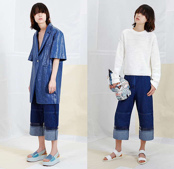 MM6 Maison Martin Margiela 2015 Resort Womens Lookbook Presentation - 2015 Cruise Pre Spring Fashion Pre Collection - Denim Jeans Fold Roll Up Shorts Blazershirt Oversized Gauchos Culottes Knit Sweater Jumper Mesh Fishnet Net Peek-A-Boo Half Skirt Pleats Frock Blazer Outerwear Coat Japanese Landscape Pagoda Wide Leg Trousers Palazzo Pants Ribbon Hanging Sleeve Side Slit Jumpsuit Onesie Asymmetrical Hem One Off Shoulder Sash Belt