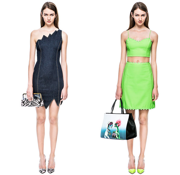 Moschino Cheap and Chic 2015 Resort Womens Lookbook Presentation - 2015 Cruise Pre Collection Spring Fashion Style - Denim Jeans Prehistoric Cavegirl Animal Stripes Jungle Safari Tiger Leopard Zebra Cheetah Cutout Angular Hem Crop Top Midriff Noodle Strap Motorcycle Biker Rider Leather Mix Match Trench Coat Outerwear Skirt Frock Lace Jacket Maxi Pop Art Ribbon Bow Coatdress Bones Flintstones Graphic Print Dress Bomber Jacket Dots Jogging Sweatpants