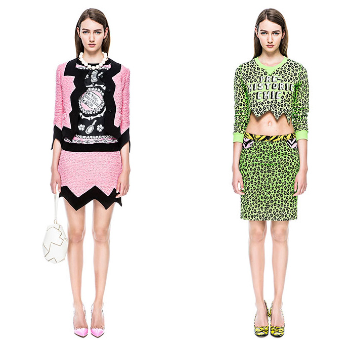 Moschino Cheap and Chic 2015 Resort Womens Lookbook Presentation - 2015 Cruise Pre Collection Spring Fashion Style - Denim Jeans Prehistoric Cavegirl Animal Stripes Jungle Safari Tiger Leopard Zebra Cheetah Cutout Angular Hem Crop Top Midriff Noodle Strap Motorcycle Biker Rider Leather Mix Match Trench Coat Outerwear Skirt Frock Lace Jacket Maxi Pop Art Ribbon Bow Coatdress Bones Flintstones Graphic Print Dress Bomber Jacket Dots Jogging Sweatpants